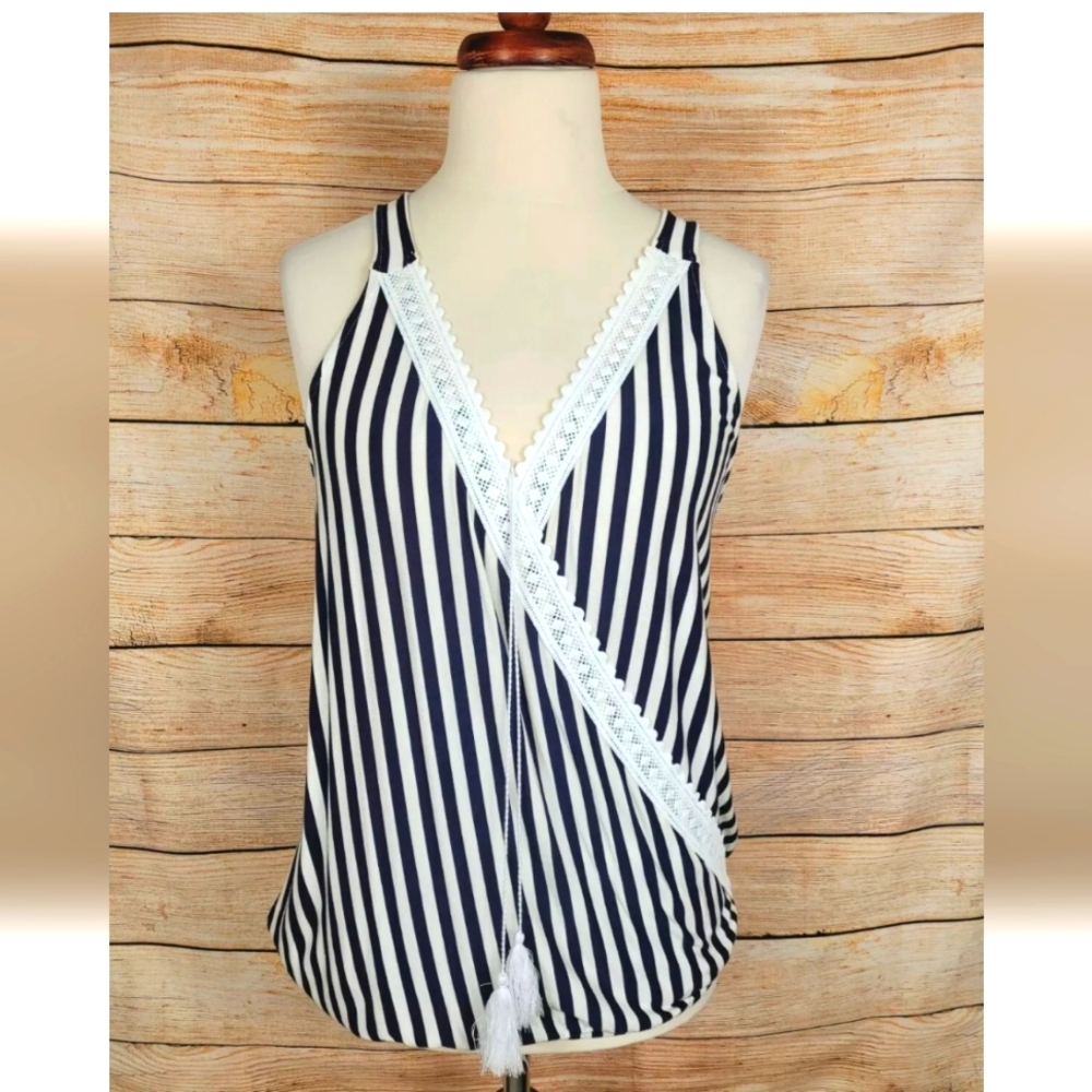 Venus Navy & White Stripe Faux Wrap Sleeveless Top Shirt Size Large